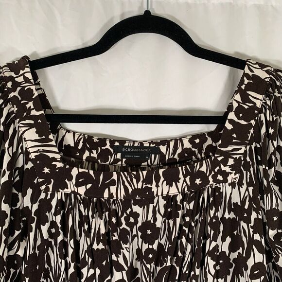 BCBGMaxazria Mini Dress Women's Medium Brown Floral Square Neck Short Sleeve - Picture 2 of 10